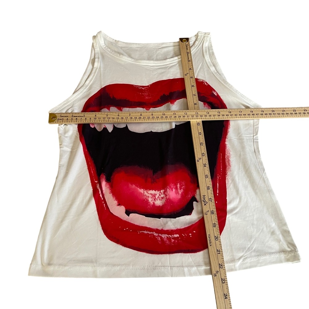 Vampire Lips Fangs Graphic Tank Top White Sleeveless Large Halloween Gothic - Picture 3 of 5